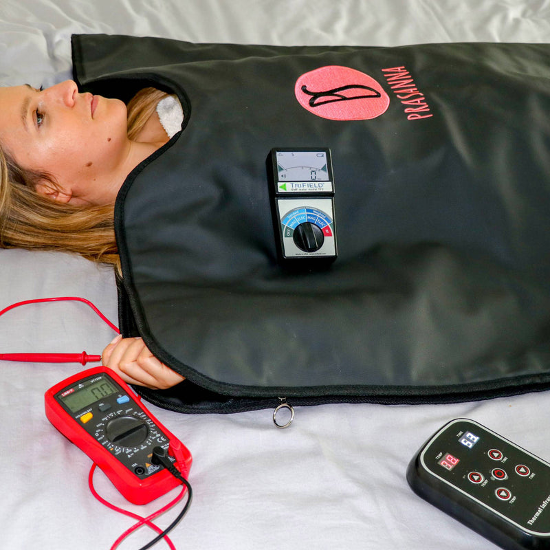 Prasanna™ - Portable Infrared Sauna Blanket - Zero EMF displayed on EMF Meter