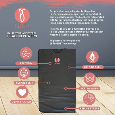 Black Prasanna sauna blanket with health benefits listed on a wooden floor.