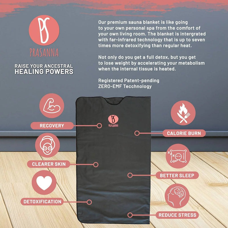 Black Prasanna sauna blanket with health benefits listed on a wooden floor.